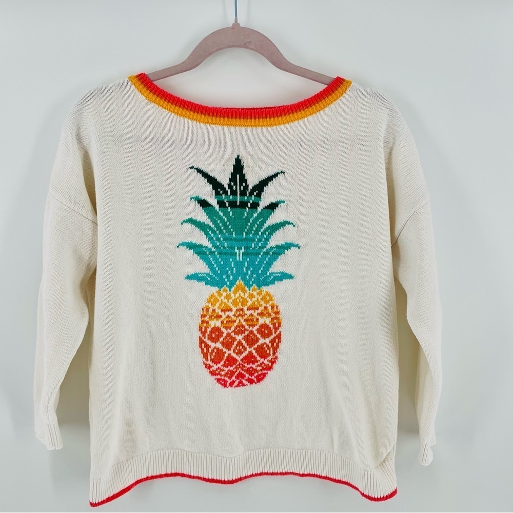 Loft Cotton Pineapple Colorful 3/4 Sleeve Crew Neck Sweater Casual Novelty Fun